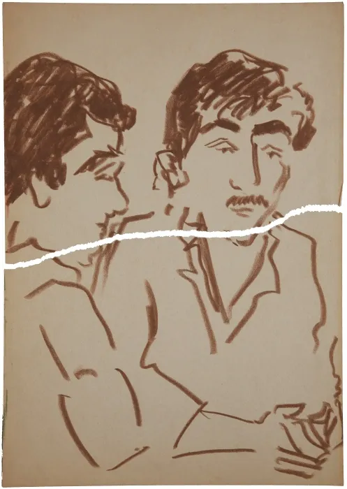 Dessin au trait brun de deux hommes, traversé horizontalement par une déchirure blanche