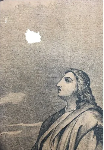 Gravure d'une figure tournée vers le ciel, avec une lacune blanche en haut à gauche