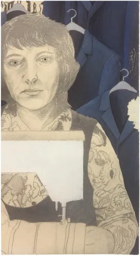 Portrait dessiné d'un homme tatoué, avec des manques blancs dans le fond en haut à droite